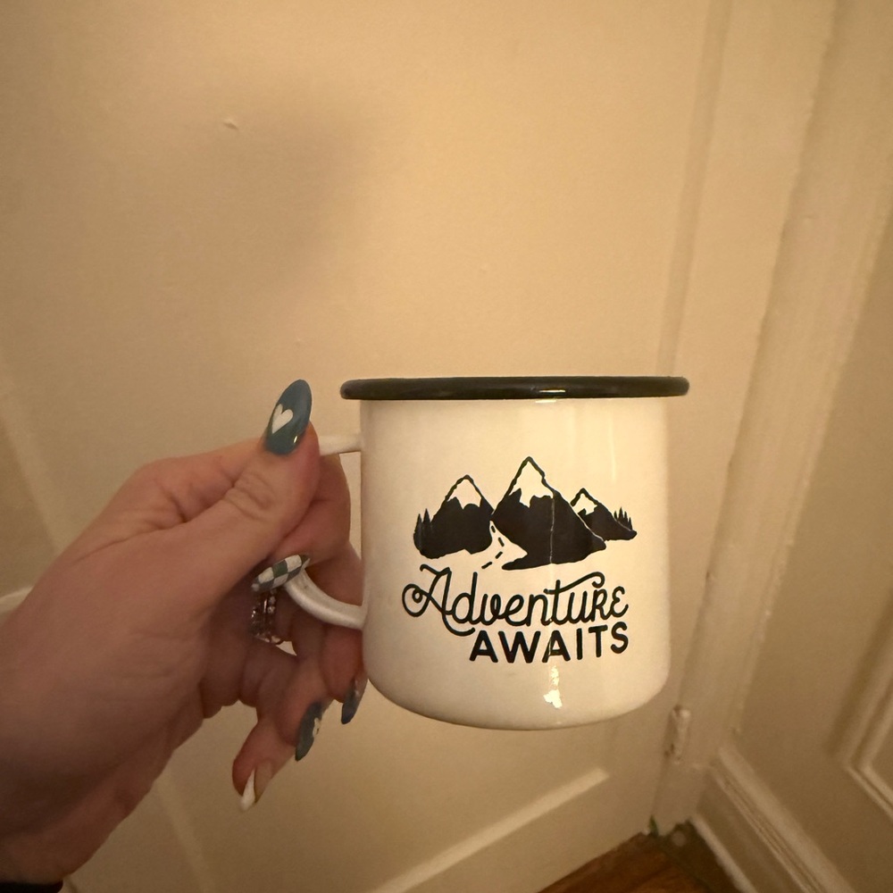 “adventure awaits” camping enamel mug